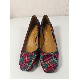 Talbots Womens Plaid Block Heel Pumps Square Toe Red Green Multi 6.5M Holiday